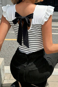 Chic Women's White Striped Ruffle Trim Tank Top with Knot Back Detail – Perfect for Summer Outings and Casual Wear