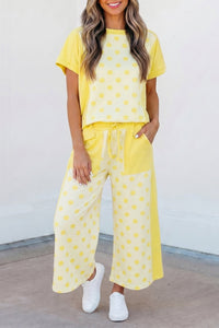 Chic Women's Yellow Color Block Polka Dot Wide Leg Pant Set - Trendy and Comfortable Outfit for Stylish Summer Days