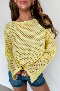 Chic Women's Yellow Cream Knit Long Sleeve Top with Scalloped Trim - Stylish Hollow Out Design for Effortless Layering