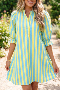 Chic Yellow Stripe Puff Sleeve Mini Dress for Women - Relaxed Fit with Half Button Detail, Perfect for Summer Outings