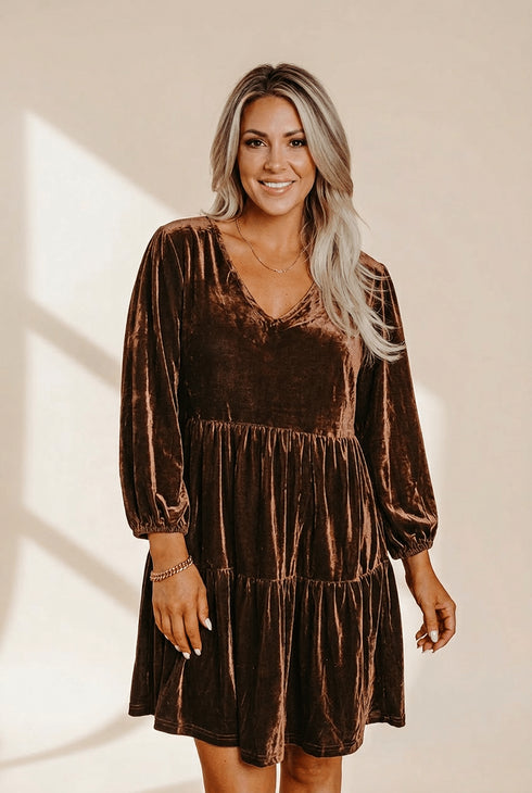 Women's Chicory Coffee Velvet Tiered Mini Dress with V-Neck