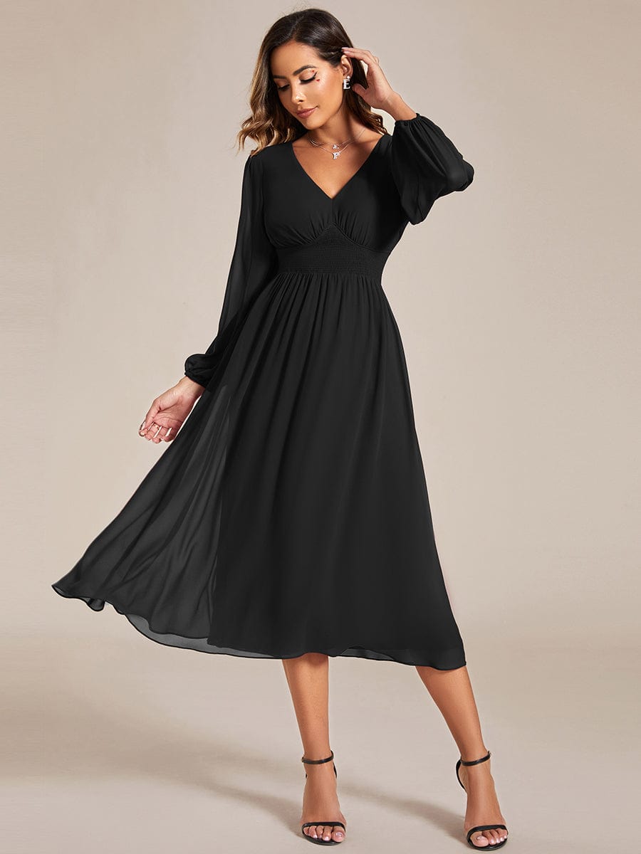 Chiffon Wedding Guest Dress with Knee Length and Long Sleeves MsDressly Chiffon Wedding Guest Dress with Knee Length and Long Sleeves MsDressly