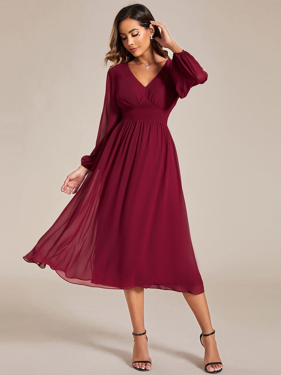 Chiffon Wedding Guest Dress with Knee Length and Long Sleeves MsDressly Chiffon Wedding Guest Dress with Knee Length and Long Sleeves MsDressly