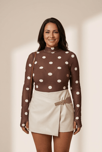 
Women's Chocolate Brown Polka Dot Mock Neck Long Sleeve Mesh Bodysuit