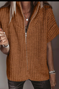 $12.82 Cinnamon Solid Color Short Sleeve Zipper Knit High Neck Sweater Wholesale