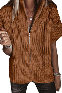 $12.82 Cinnamon Solid Color Short Sleeve Zipper Knit High Neck Sweater Wholesale