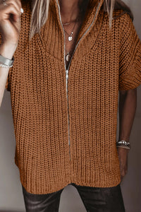 $12.82 Cinnamon Solid Color Short Sleeve Zipper Knit High Neck Sweater Wholesale