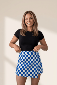 
Women's Cobalt Checkered Overlap Denim Shorts with High-Rise Fit