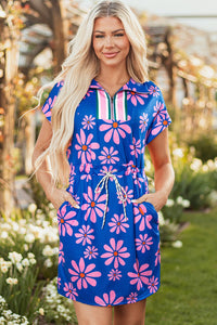 Women's Cobalt Floral Quarter-Zip Mini Dress with Cinch Waist