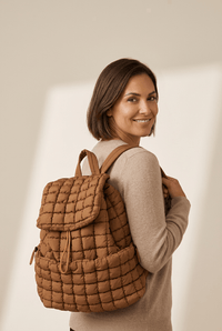 Women's Coffee Brown Quilted Puffer Backpack with Flap Closure