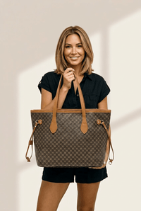 Women's Coffee Monogram Print Vegan Leather Tote Bag