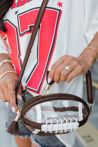 Coffee Rugby Football Contrast Trim Fringe PVC Clear Shoulder Bag