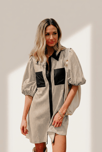 Women's Color Block Striped Mini Shirt Dress with Puff Sleeves