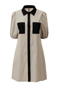 Black Stripe Color Block Patchwork Shirt Collar Button Down Puff Sleeve Mini Dress
