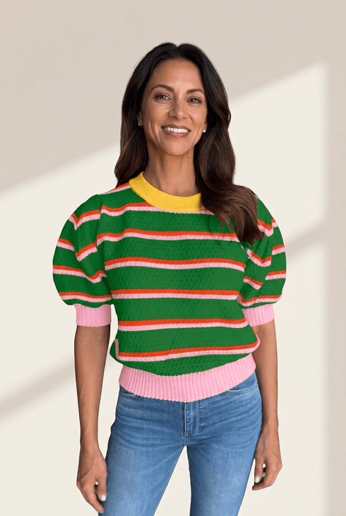 Colorblock Puff Sleeve Striped Knit Top in Forest & Rose