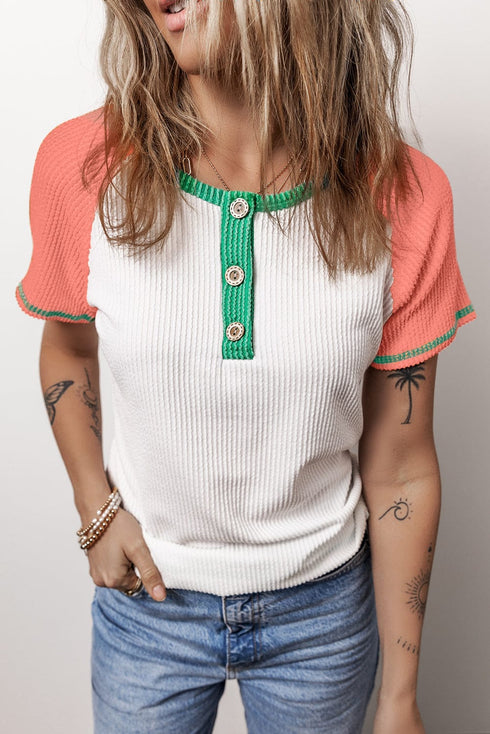 Colorblock Raglan Sleeve Textured White Henley T-shirt