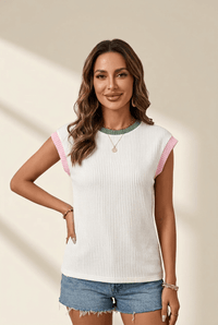 Women's Colorblock Ribbed Knit Cap Sleeve Tee