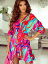 Colorful Abstract Print V-Neck Dolman Sleeve Mini Dress with Ruffle Detail