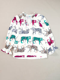 Colorful Tiger Print V-Neck Ruffled Blouse with Lantern Sleeves