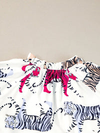 Colorful Tiger Print V-Neck Ruffled Blouse with Lantern Sleeves
