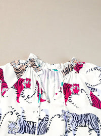 Colorful Tiger Print V-Neck Ruffled Blouse with Lantern Sleeves