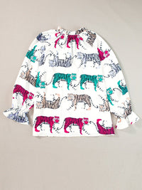 Colorful Tiger Print V-Neck Ruffled Blouse with Lantern Sleeves