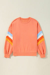 Flamingo Rainbow Striped Sleeve Crew Neck Loose Sweatshirt