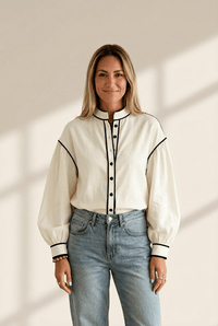 Women's Contrast Trim Bishop Sleeve Blouse in Cream
