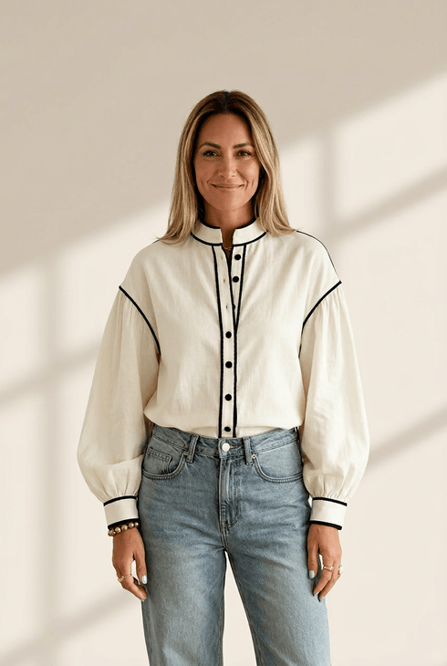 Women's Contrast Trim Bishop Sleeve Blouse in Cream