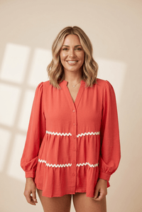 Women's Coral Ricrac Trim V-Neck Button-Down Blouse
