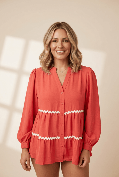 Women's Coral Ricrac Trim V-Neck Button-Down Blouse