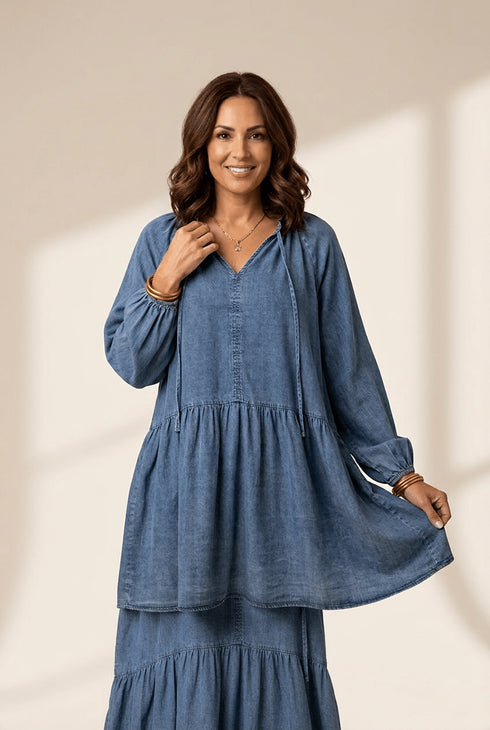 Women's Cotton-Blend Denim Puff Sleeve Mini Dress with Tiered Hem