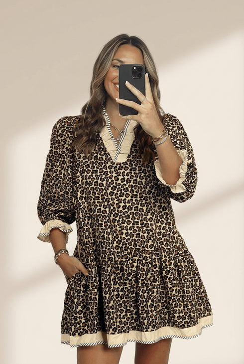Women's Cotton-Blend Leopard Print Mini Dress with Striped Trim