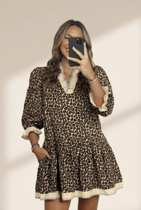 Women's Cotton-Blend Leopard Print Mini Dress with Striped Trim