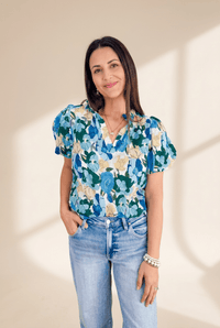 Women's Cotton-Blend Sky Blue Floral V-Neck Blouse with Puff Sleeves