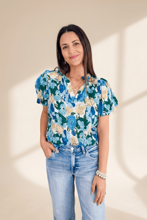 Women's Cotton-Blend Sky Blue Floral V-Neck Blouse with Puff Sleeves
