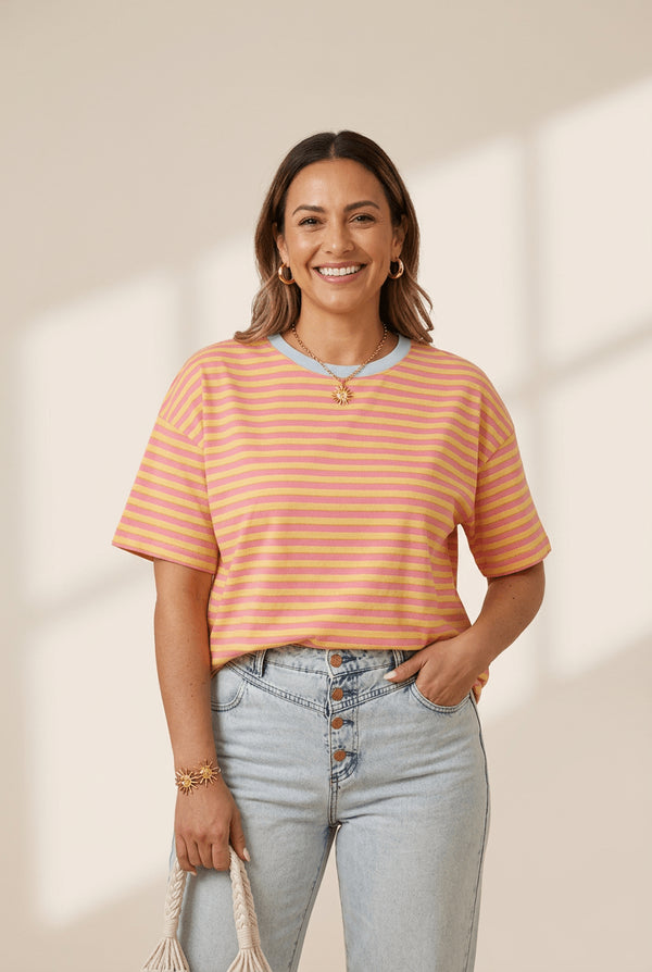 Women's Cotton Blend Striped Crew Neck Tee with Drop Shoulder