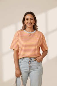 Women's Cotton Blend Striped Crew Neck Tee with Drop Shoulder