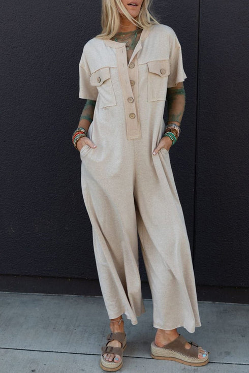 Women's Cotton Blend Wide-Leg Utility Jumpsuit in Oatmeal