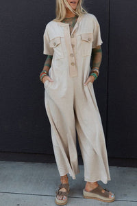Women's Cotton Blend Wide-Leg Utility Jumpsuit in Oatmeal