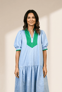 Women's Cotton-Lyocell Colorblock Mini Dress with Puff Sleeves