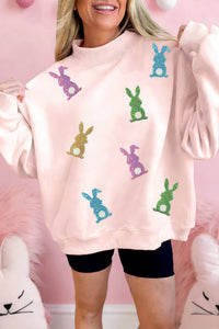 
Women's Cozy Apricot Pink Glitter Bunny Patch Mock Neck Sweatshirt for Women - Trendy Spring Casual Wear