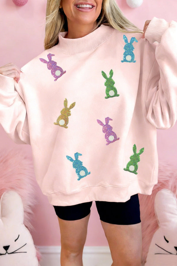 Women's Cozy Apricot Pink Glitter Bunny Patch Mock Neck Sweatshirt for Women - Trendy Spring Casual Wear