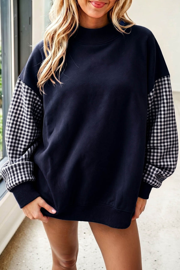 Cozy Navy Blue Plaid Colorblock Tunic Sweatshirt for Women - Relaxed Fit, Ideal for Casual Wear and Everyday Comfort