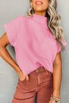 Cozy Pink Ribbed Knit Short Sleeve Sweater with Patch Pocket