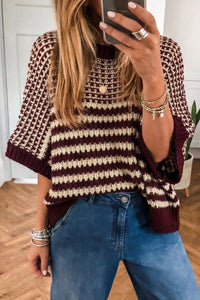 Women's Burgundy Striped Textured Knit Sweater with 3/4 Draped Sleeves