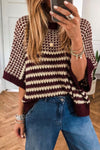 Burgundy Striped Textured Knit Sweater with 3/4 Draped Sleeves | MsDressly