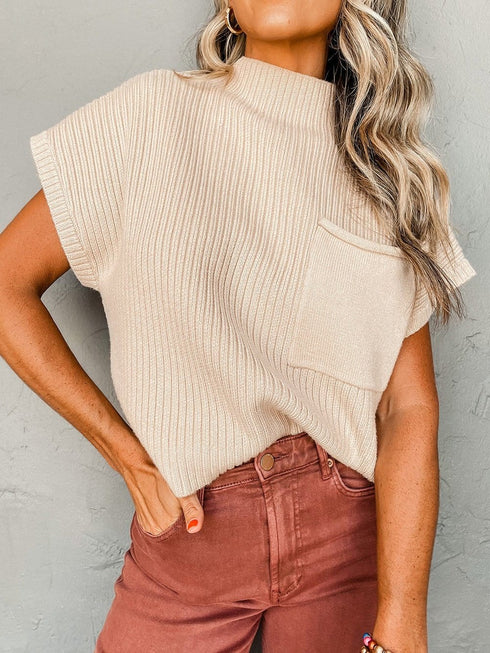 Cozy Ribbed Knit Sweater with Patch Pocket