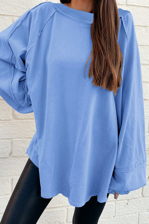 Women's Beau Blue Raw Seam Oversized Cotton Blend Sweatshirt