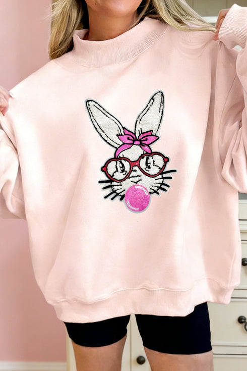 Women's Cozy Women's Apricot Pink Chenille Bunny Sweatshirt - Relaxed Bubble Gum Style for Casual Comfort and Everyday Wear